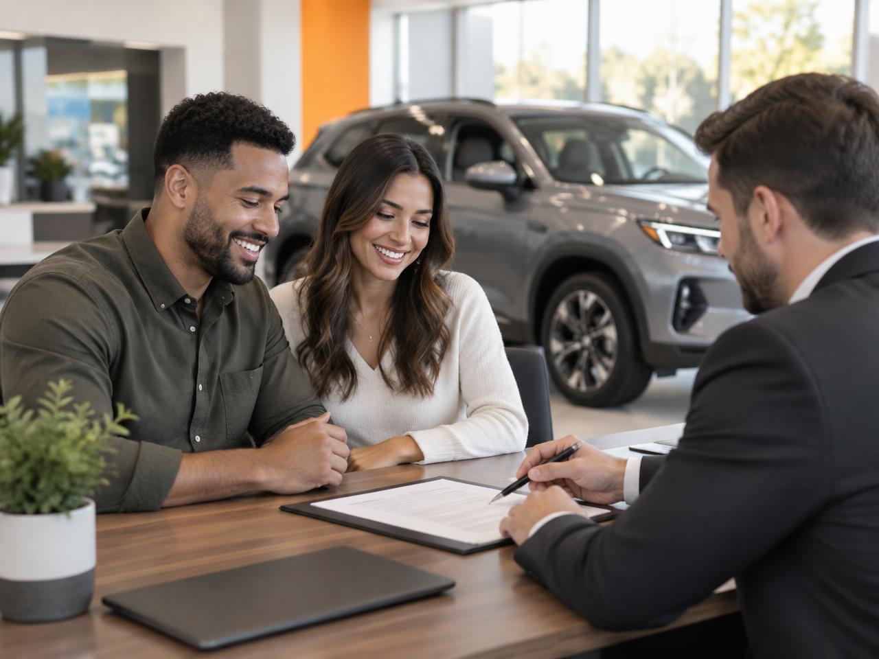 Customers reviewing vehicle financing with a dealership advisor
